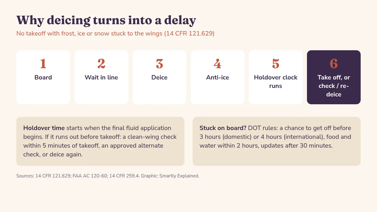 Flow chart of a deicing delay: board, wait in line, deice, anti-ice, holdover time clock runs, take off or re-check