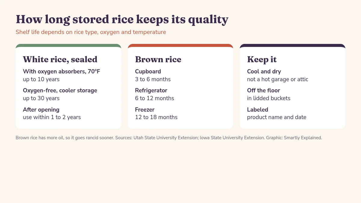 Rice storage guide: white rice sealed with oxygen absorbers up to 10 years at 70°F and up to 30 years in cooler storage; brown rice 3 to 6 months in the pantry, 6 to 12 months refrigerated, 12 to 18 months frozen